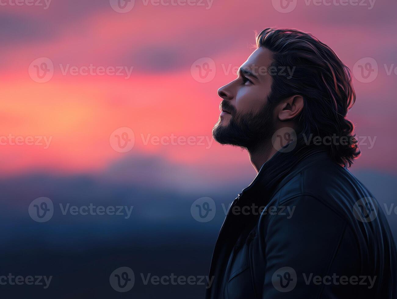 Man gazes at sunset with contemplative expression against colorful sky photo
