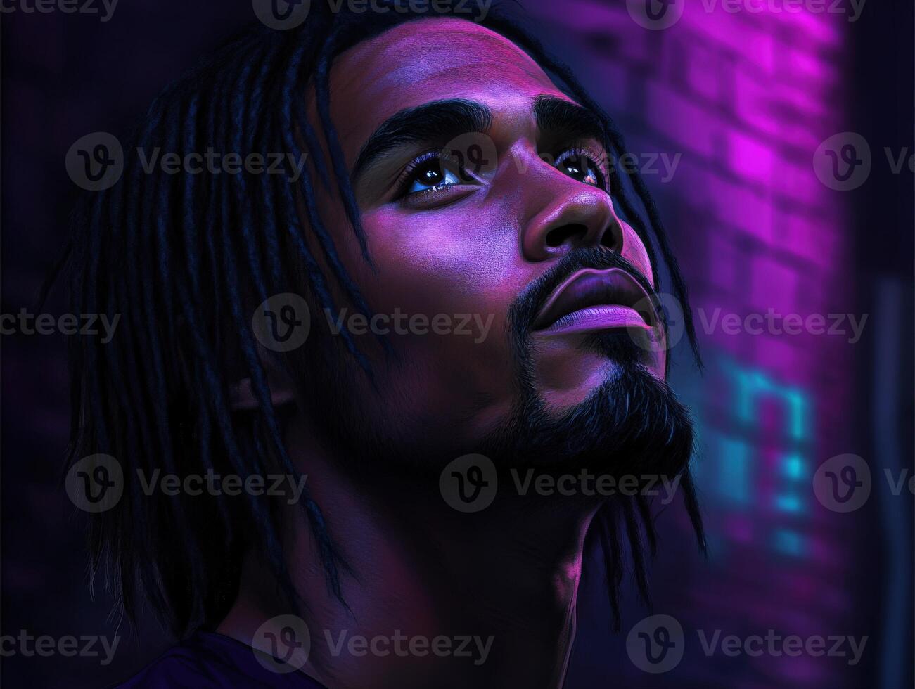 Portrait of a man looking upward in a vibrant urban setting at night photo
