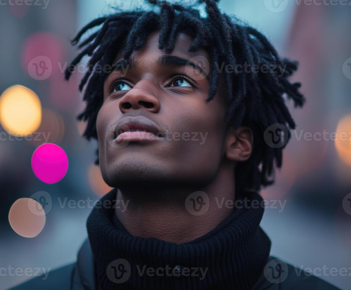 Young man gazing upward in an urban setting during twilight photo