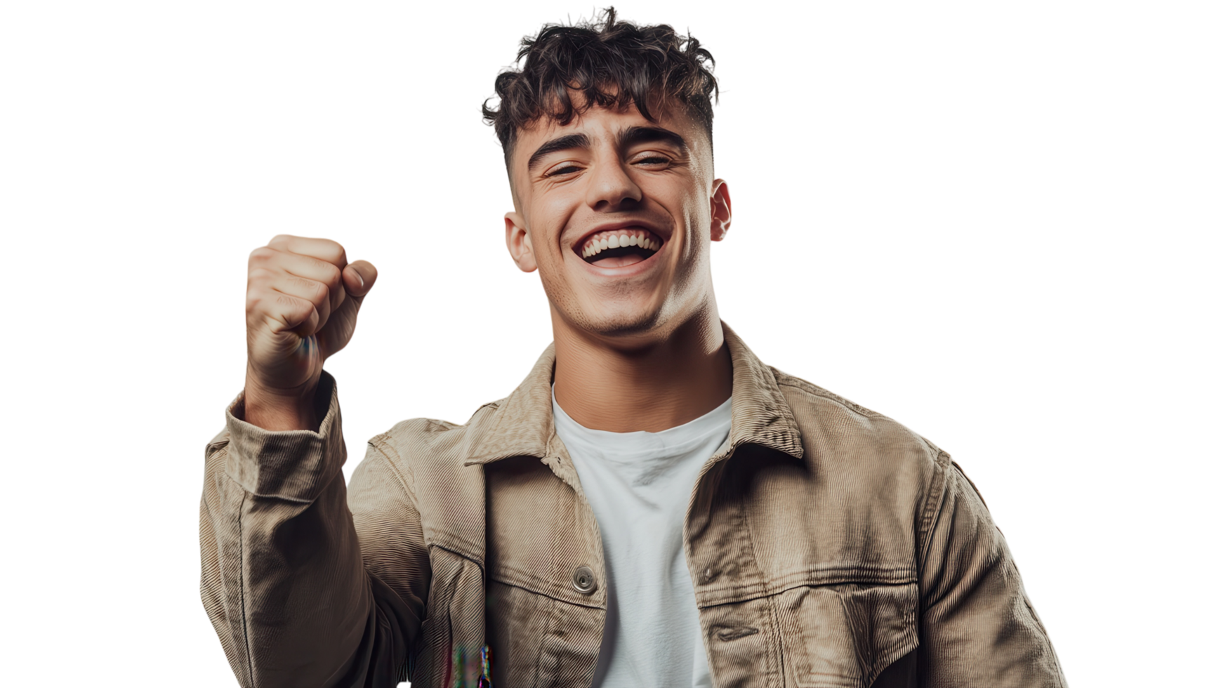 A man is smiling and holding up his fist png