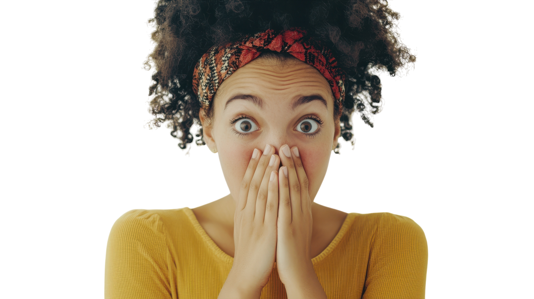 A woman with an afro is covering her mouth png