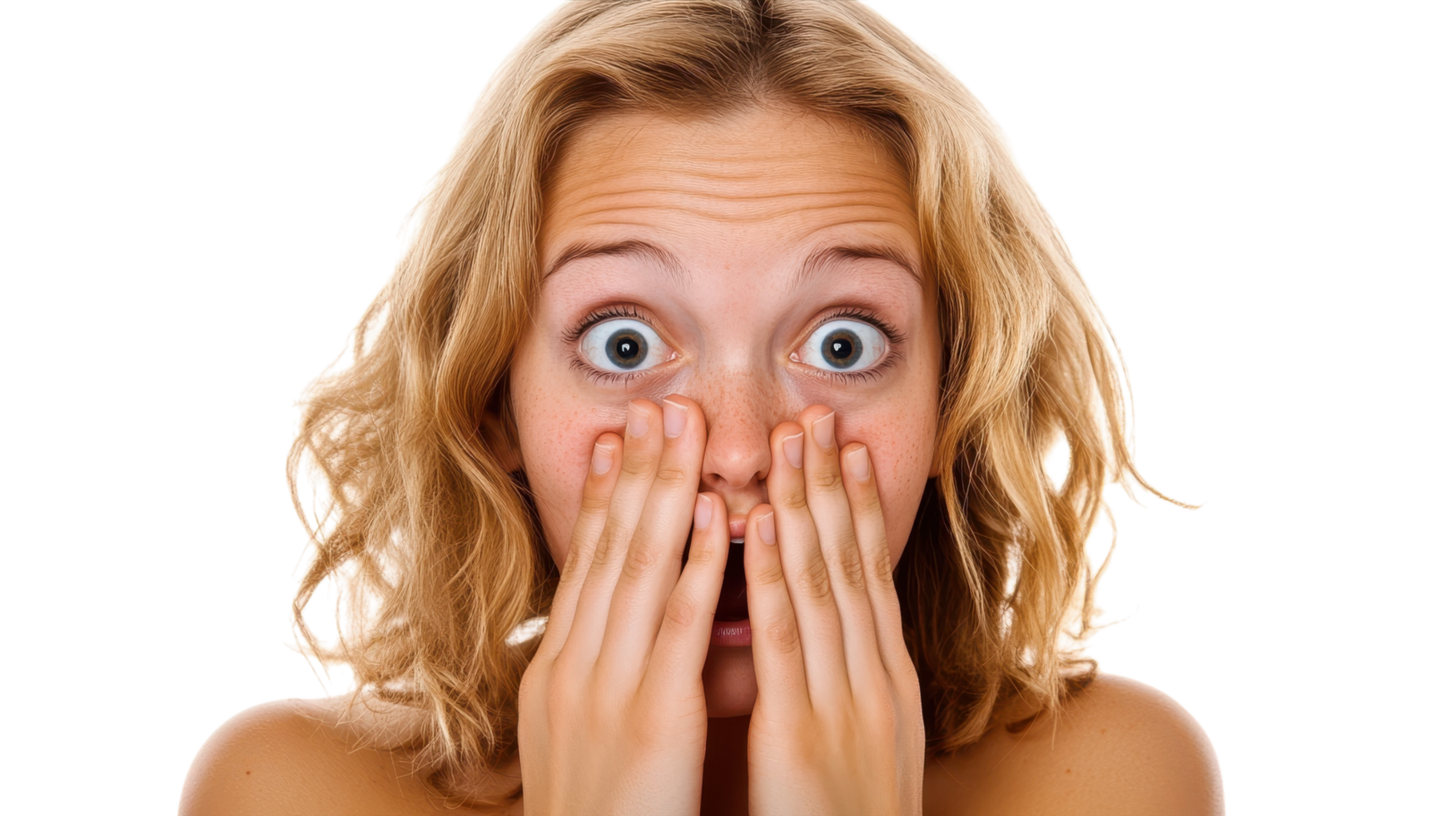 A woman with her mouth open and eyes wide png