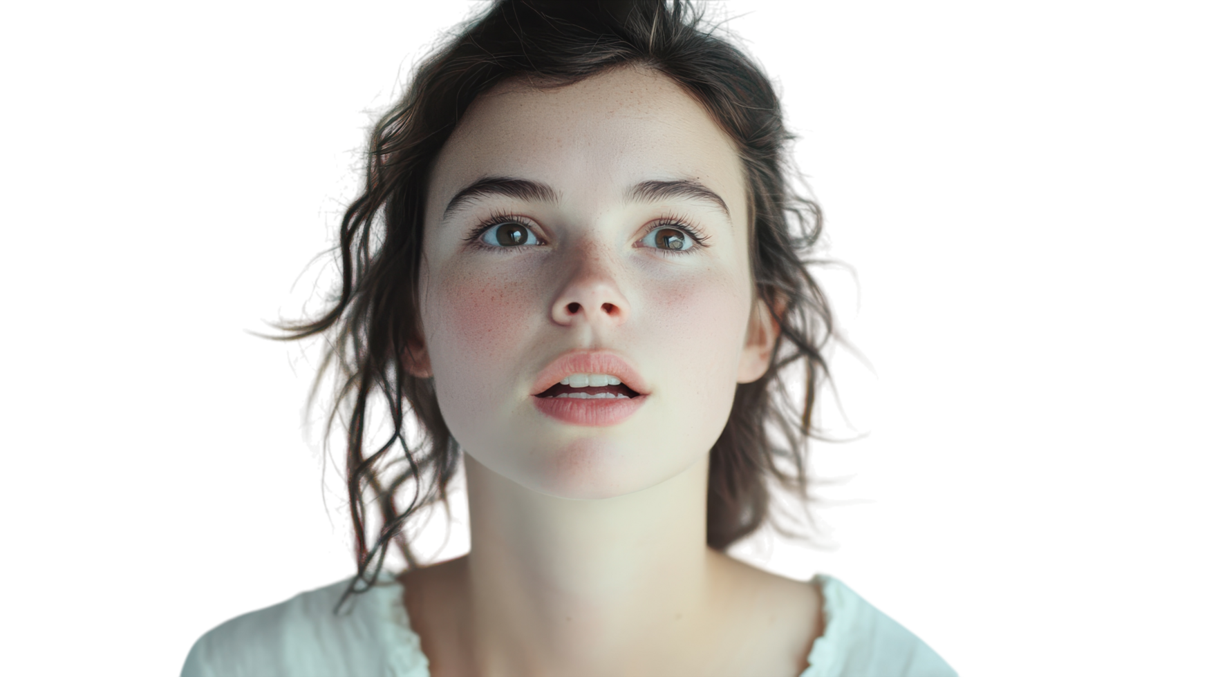 A woman with her eyes wide open looking up png