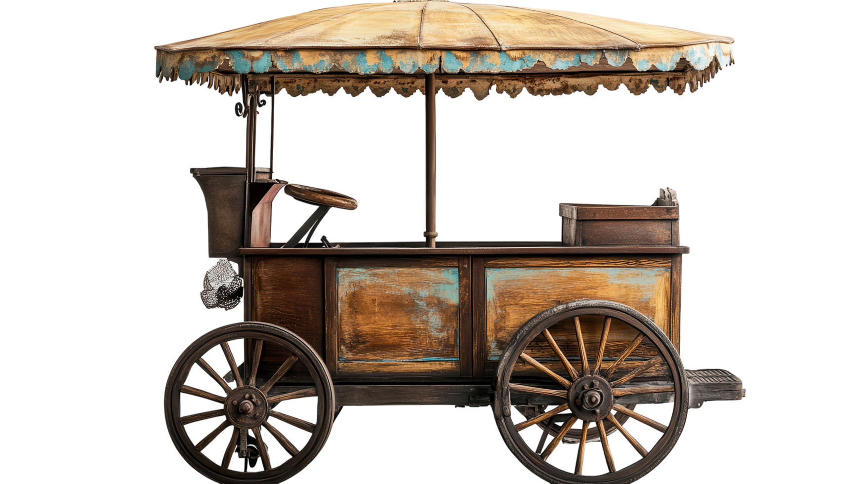 An old fashioned wooden cart with a parasol png