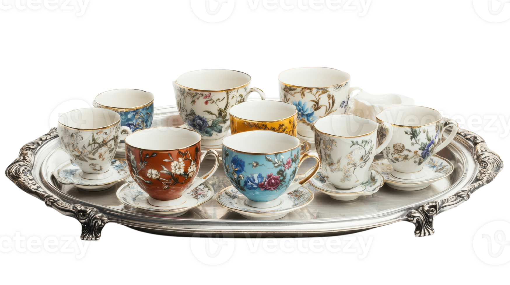 A tray with six cups and saucers on it png