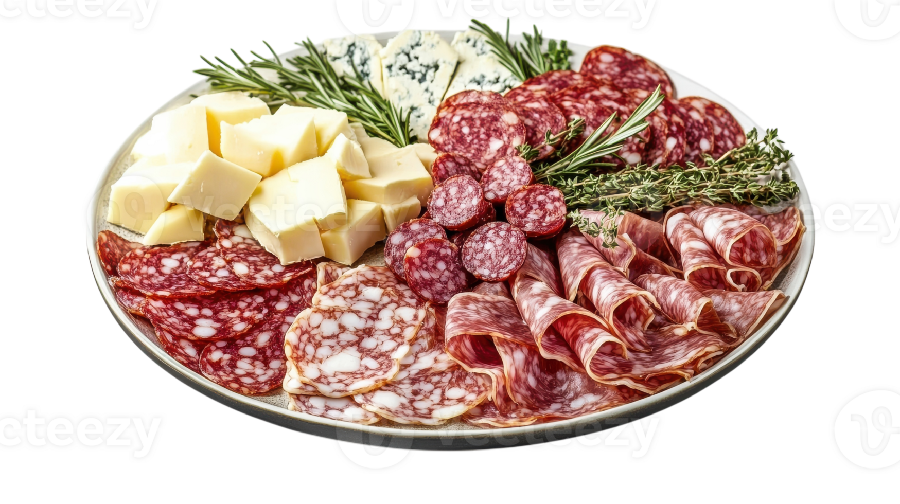 A platter of meat, cheese and herbs png