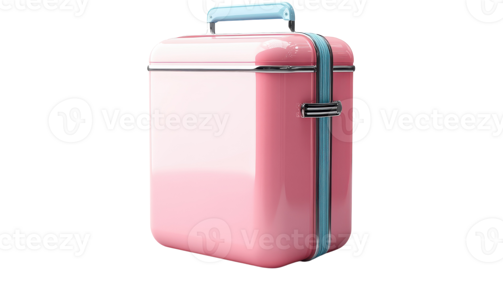 A pink suitcase with blue trim on a black background png
