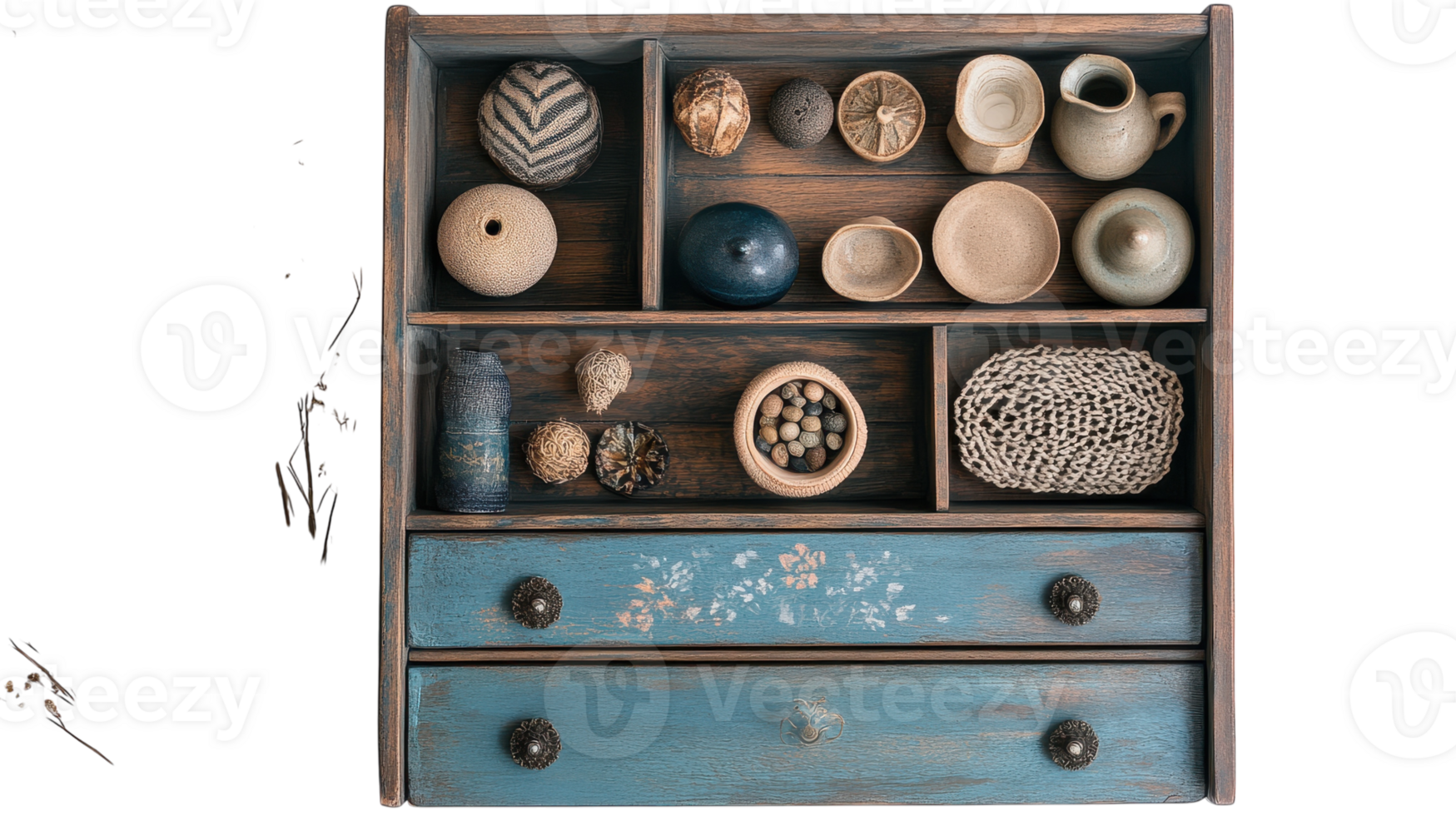 A wooden cabinet with various items on it png
