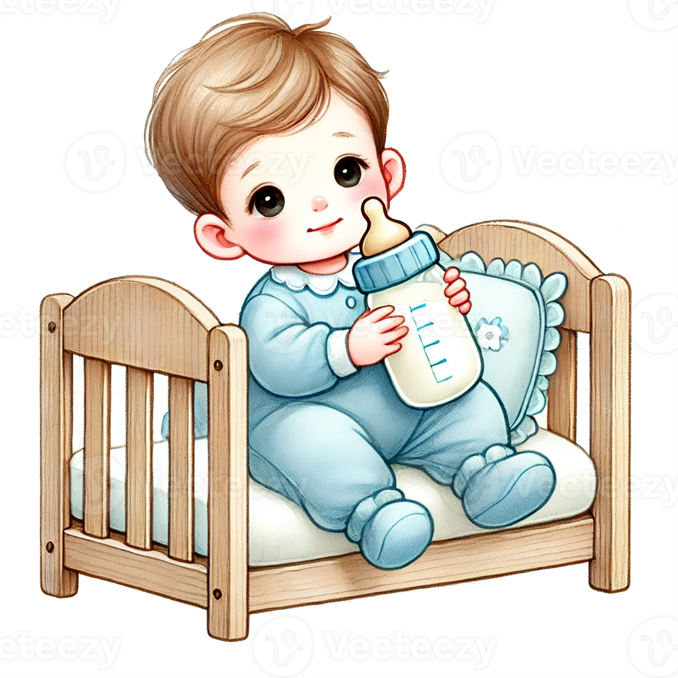 Cute baby in crib holding a bottle, smiling happily. Baby shower clipart cartoon. png