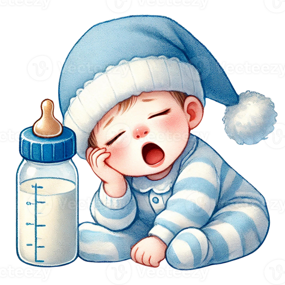Sleepy baby in pajamas with a bottle, showcasing peaceful dreams. Baby shower clipart cartoon. png