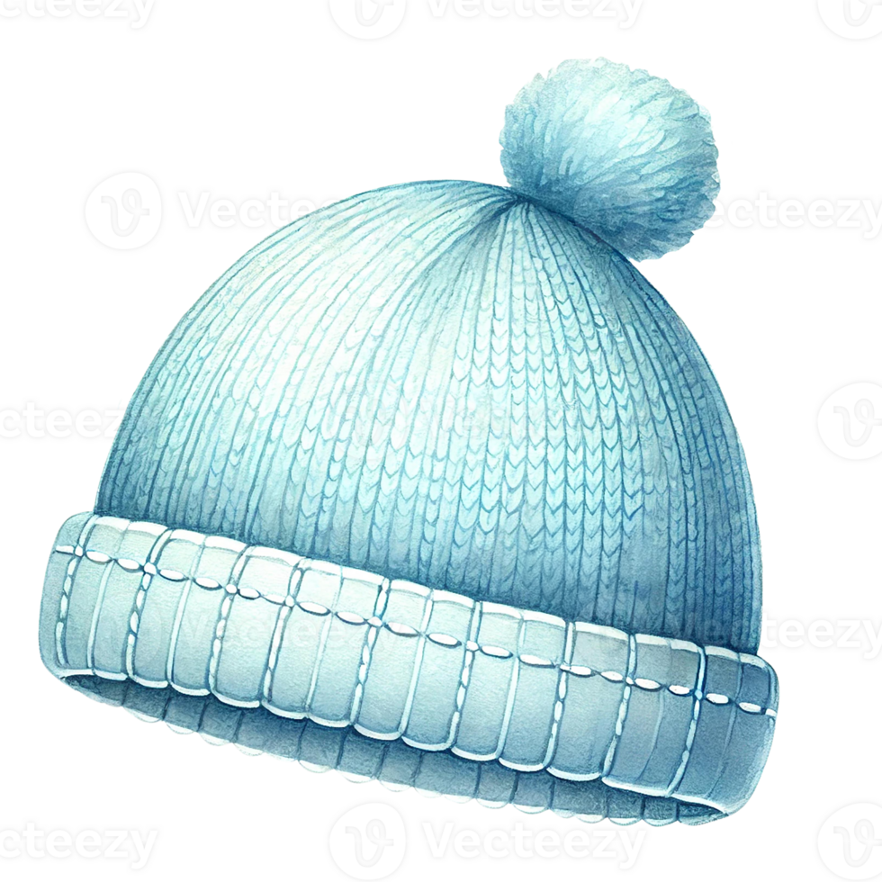 Cozy winter hat with a blue color and fluffy pom-pom design. Baby shower clipart cartoon. png