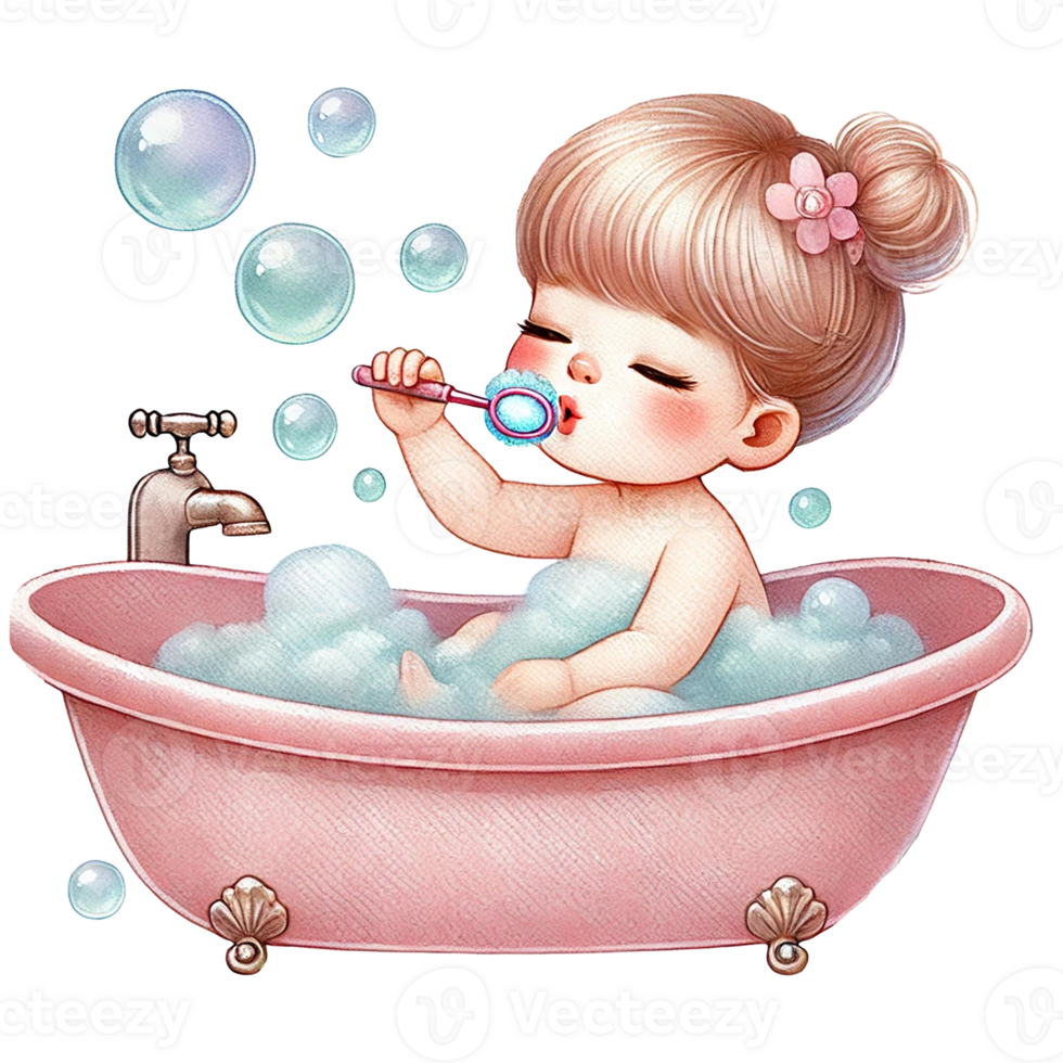 A cute child enjoying a bubble bath in a pink tub. Baby shower clipart cartoon png