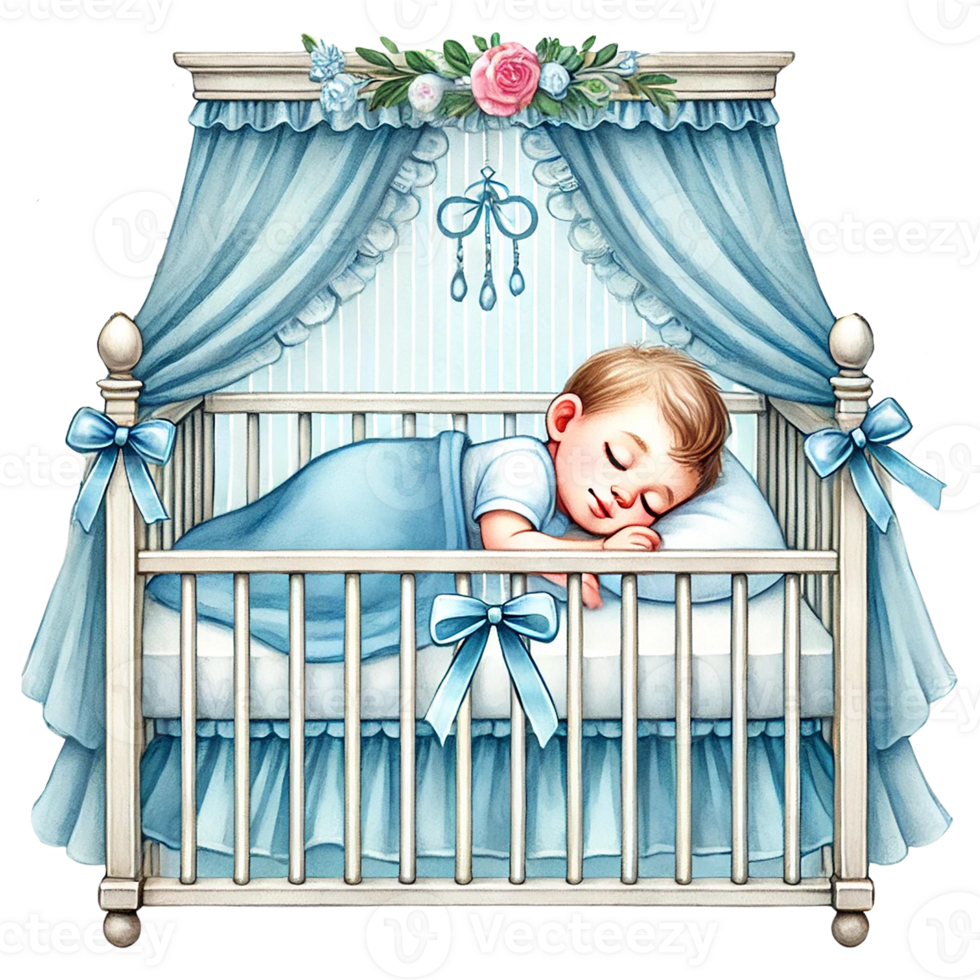 Adorable sleeping baby in a cozy crib with soft blue decor. Baby shower clipart cartoon. png
