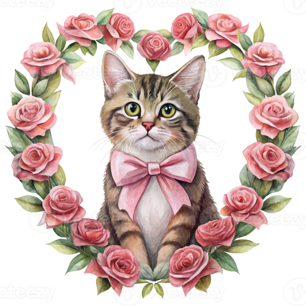 a cat with pink roses in a heart shape png
