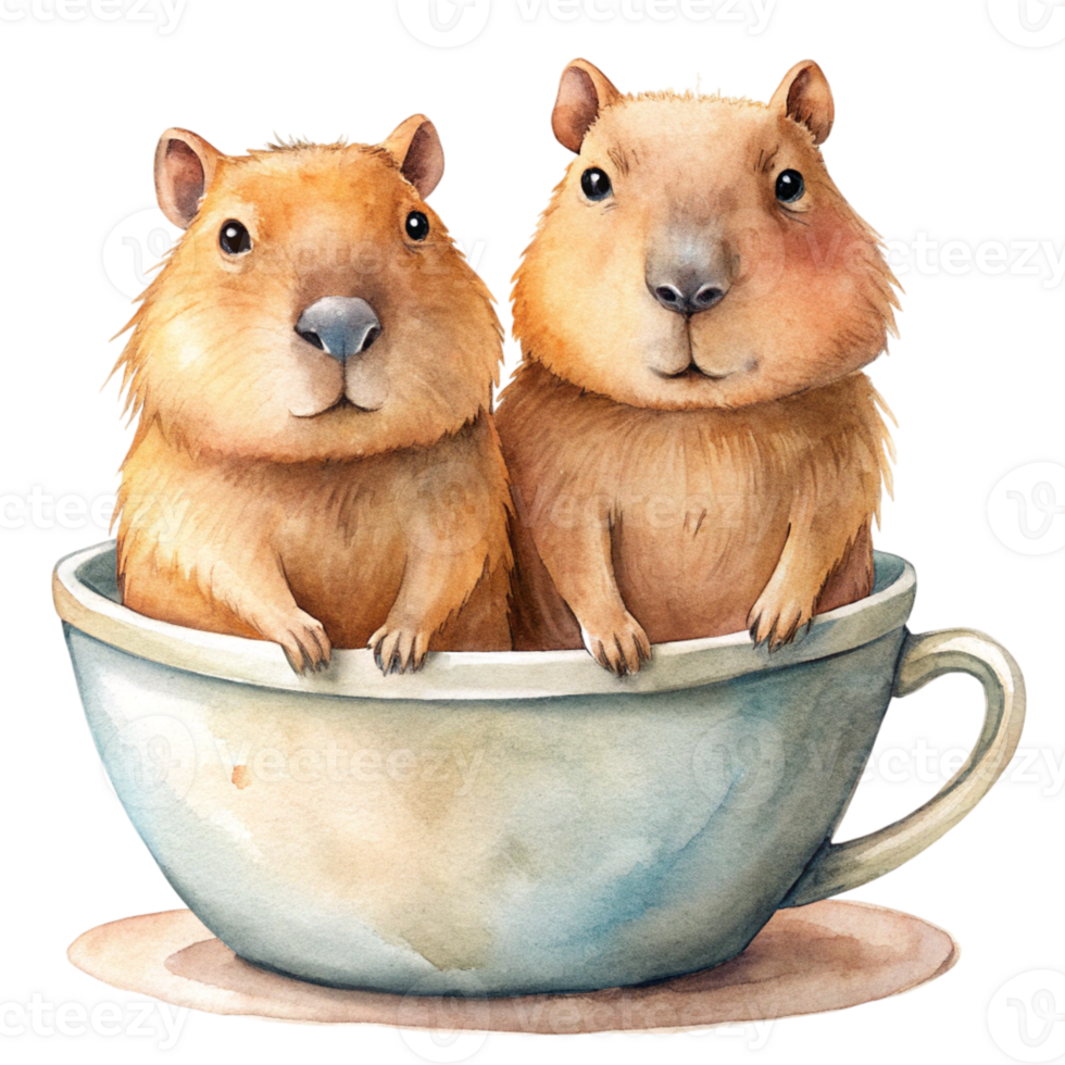 Two capybaras sit in a coffee cup png