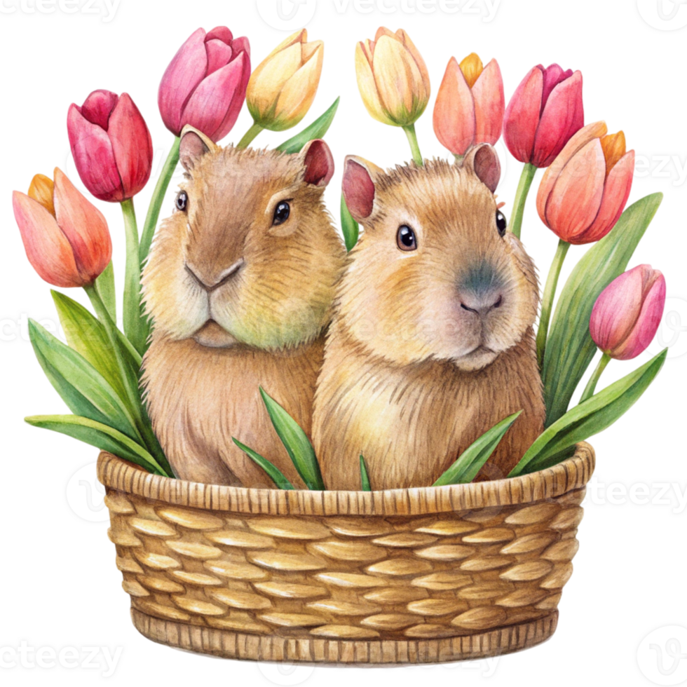 capybara in a basket with tulips png