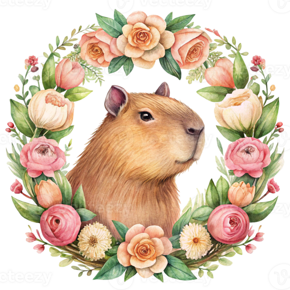 capybara is surrounded by flowers and leaves png