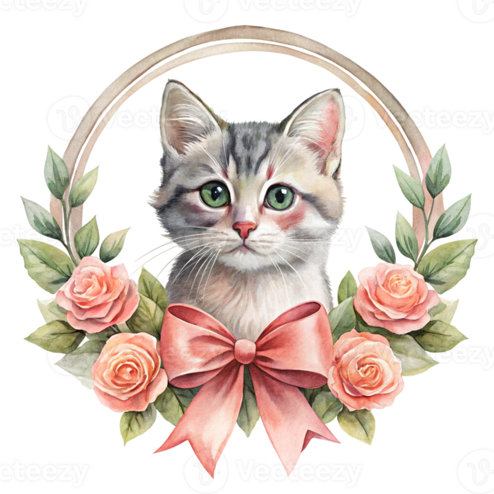 watercolor illustration of a cat with roses and a bow png