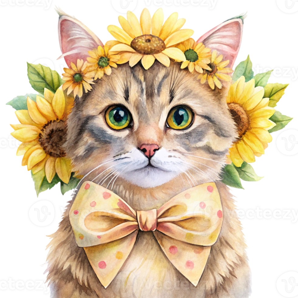 a cat wearing a sunflower wreath and bow tie png