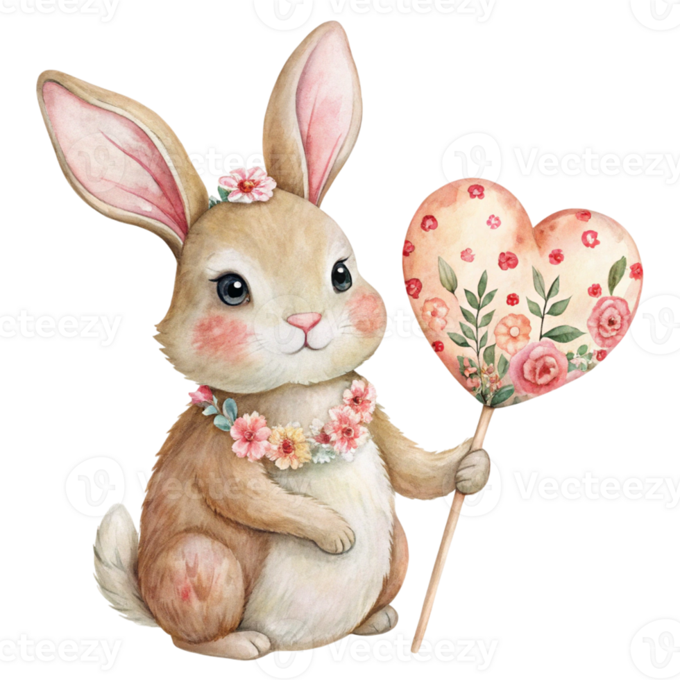 watercolor illustration of a bunny holding a heart shaped balloon png