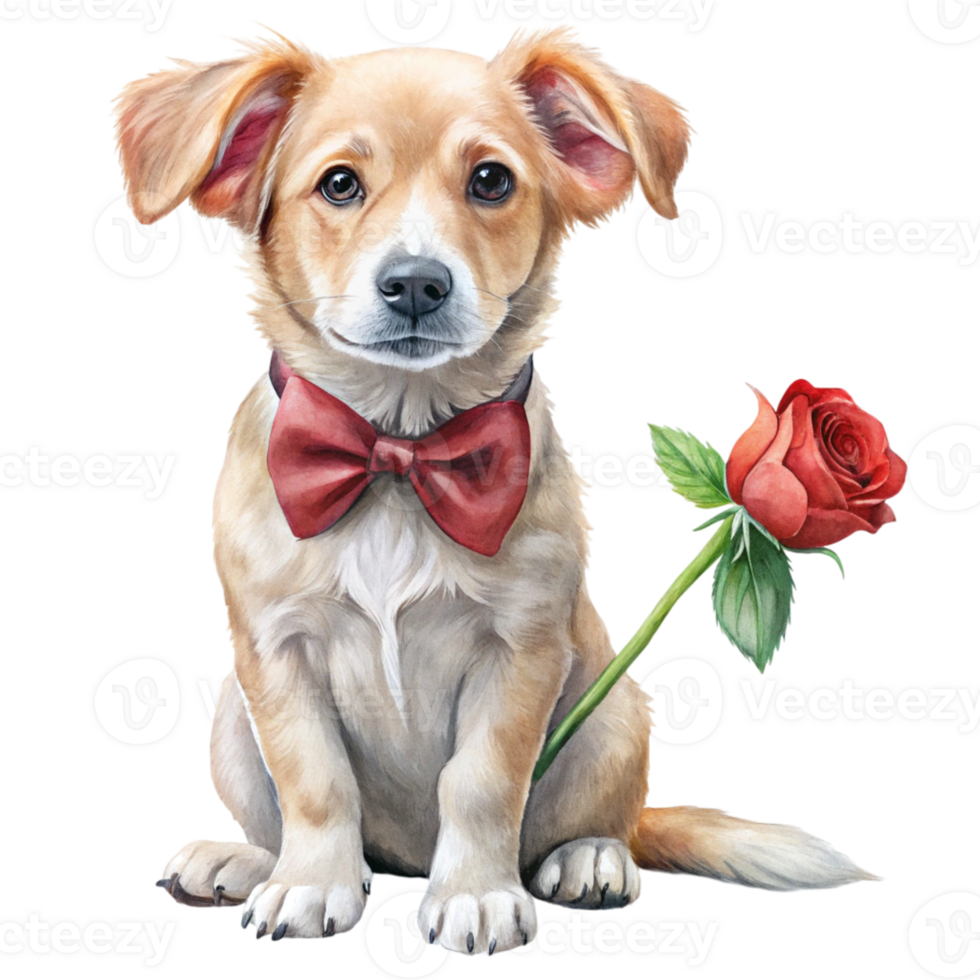 a dog with a red rose on its neck and bow tie png