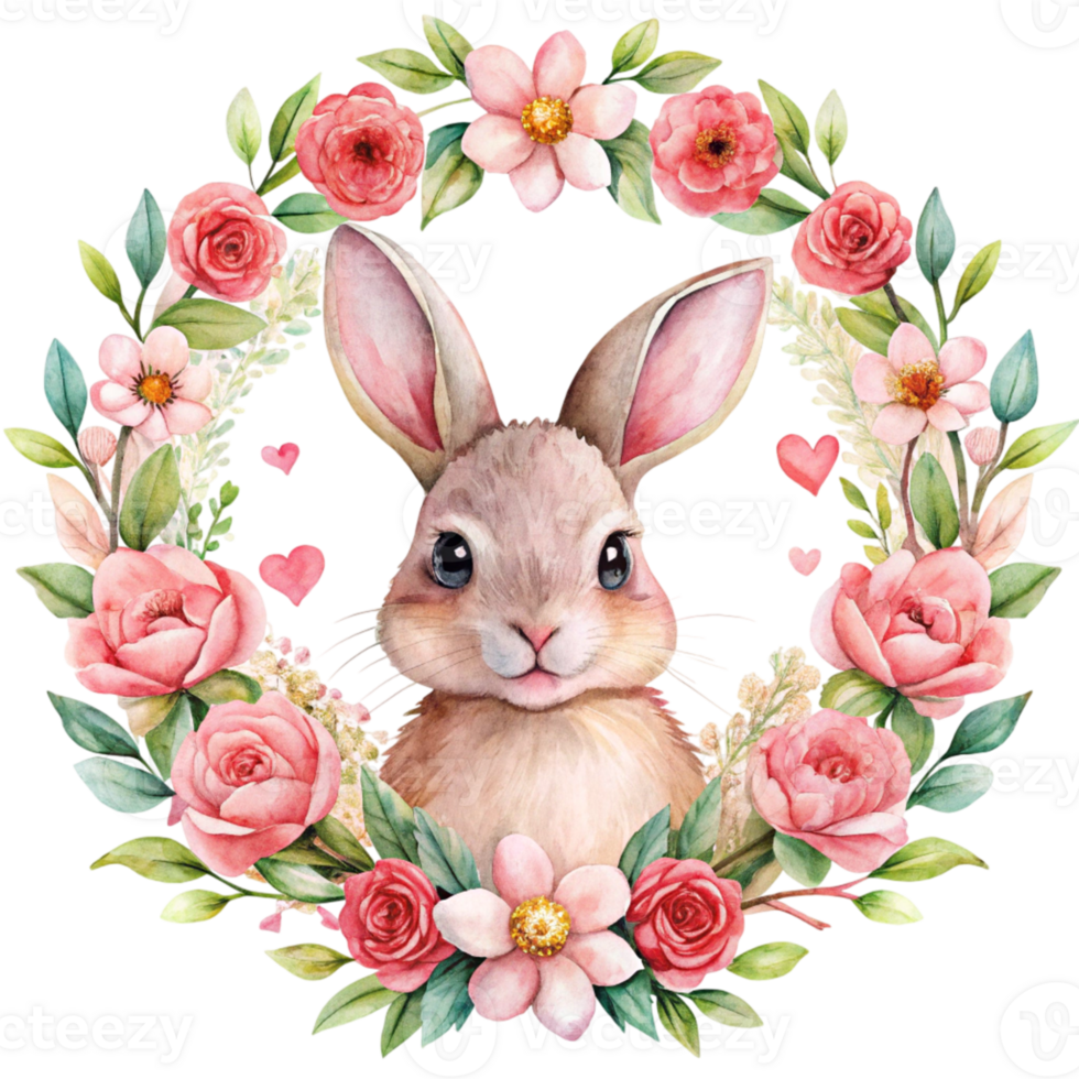 watercolor illustration of a rabbit surrounded by flowers png