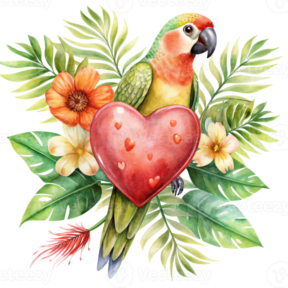 watercolor illustration of a parrot with a heart and flowers png