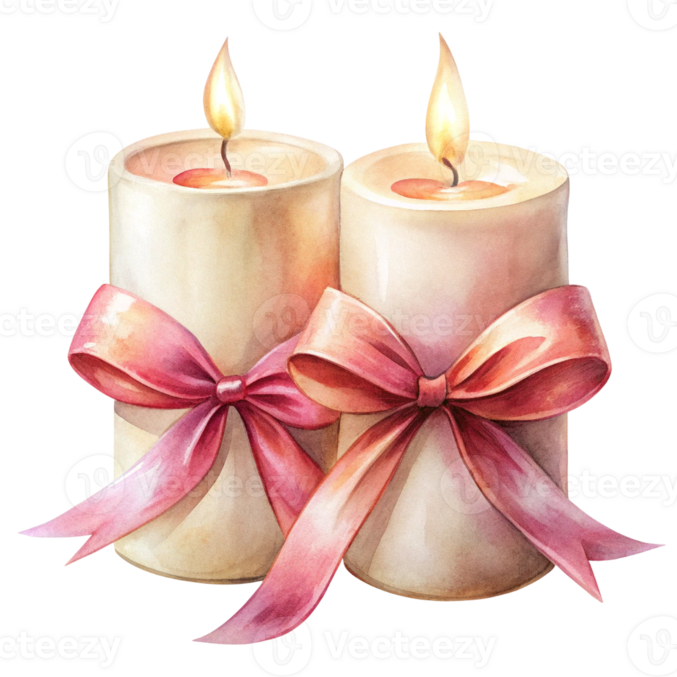 watercolor illustration of two candles with pink bows png