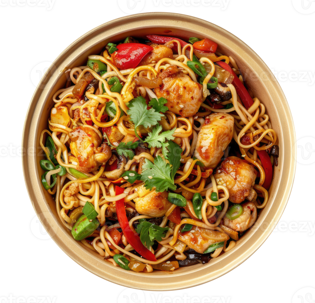 Wok noodles in a round disposable bowl png