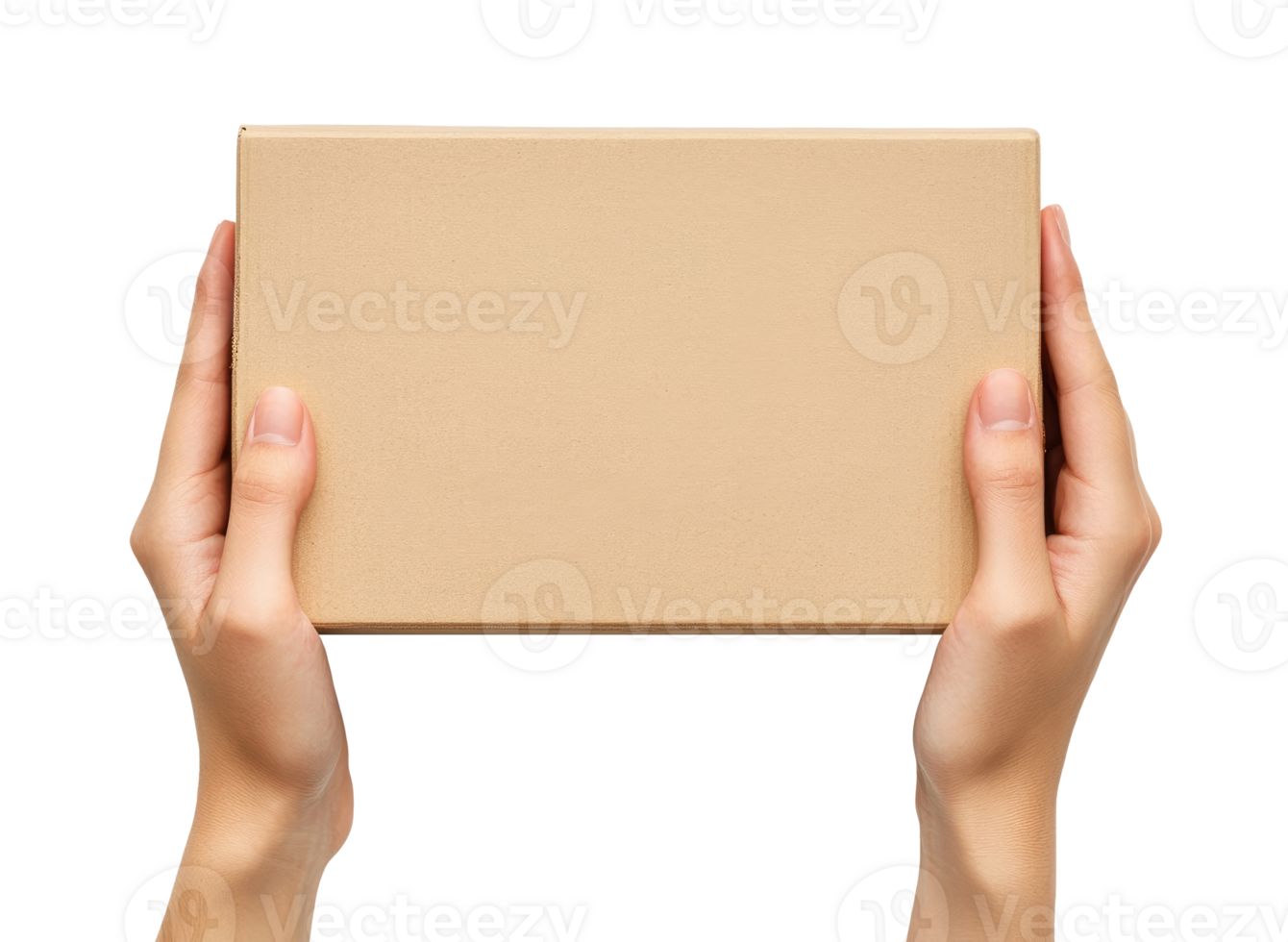 Hands with cardboard box, top view png