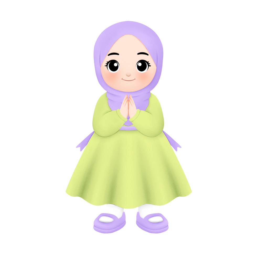happy muslim girl ramadhan in watercolor illustration, salam hand gesture png