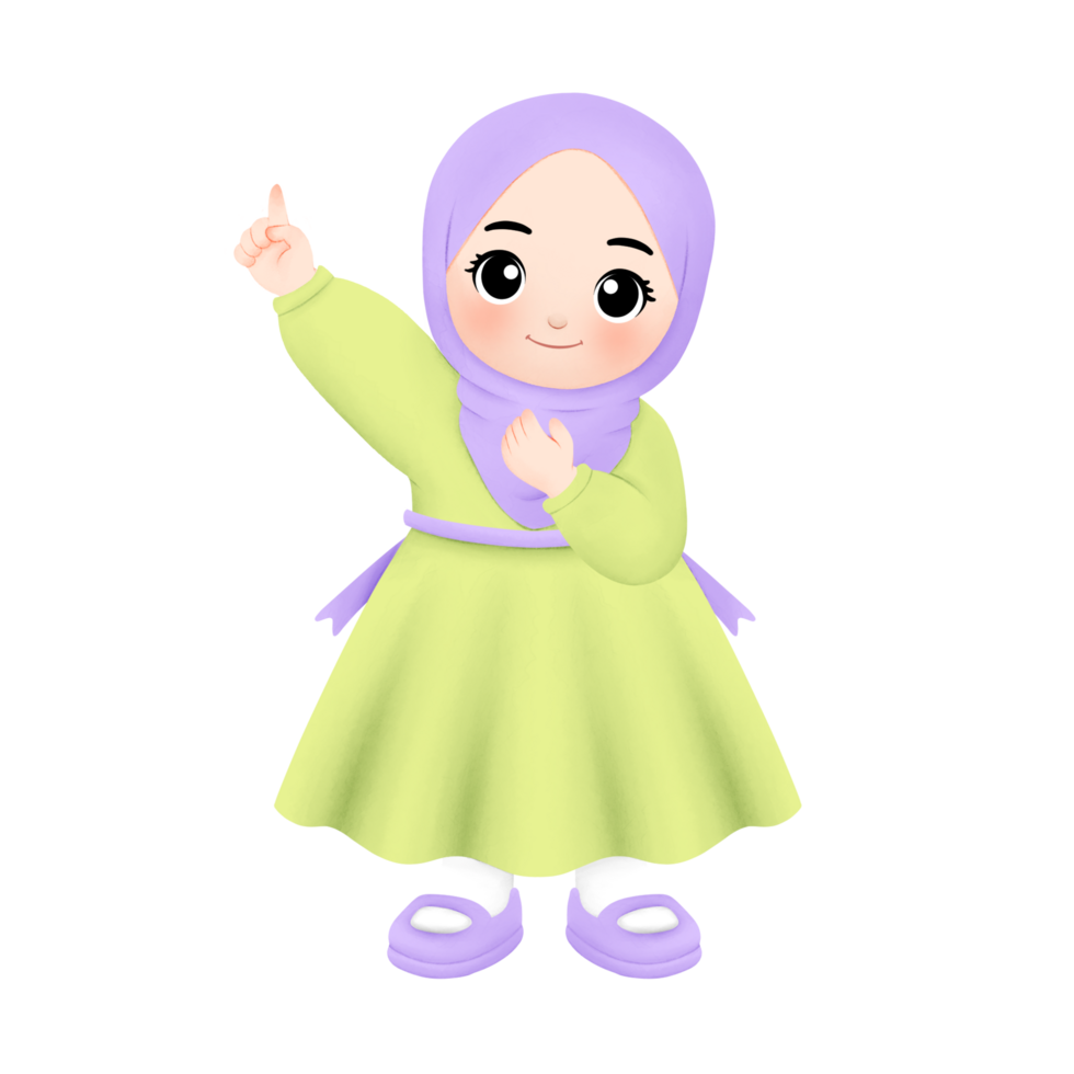 happy muslim girl ramadhan in watercolor illustration, finger up gesture, pointing finger png