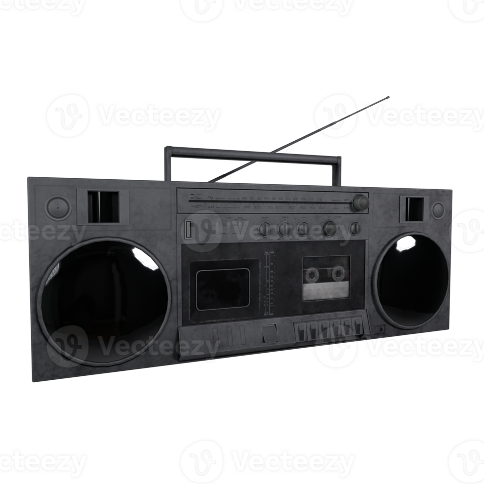 Vintage black boombox with cassette player isolated on transparent png