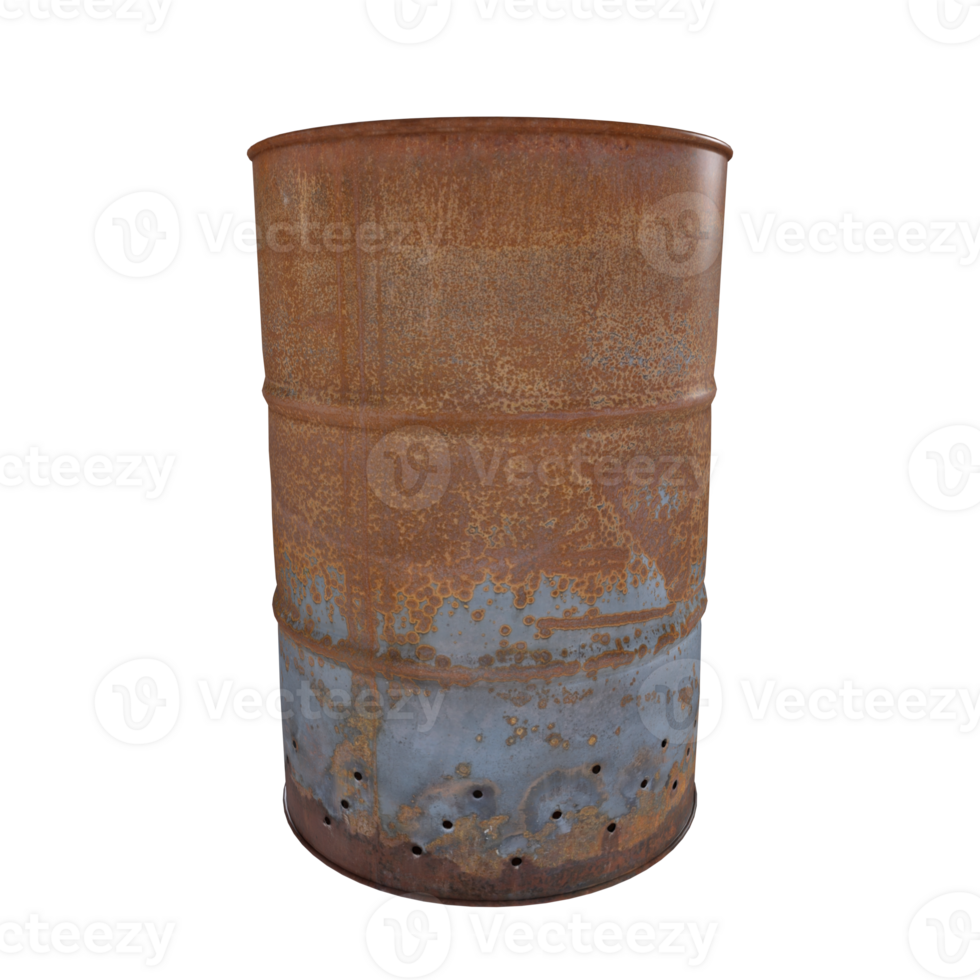 Rusty metal barrel with peeling paint isolated on transparent png