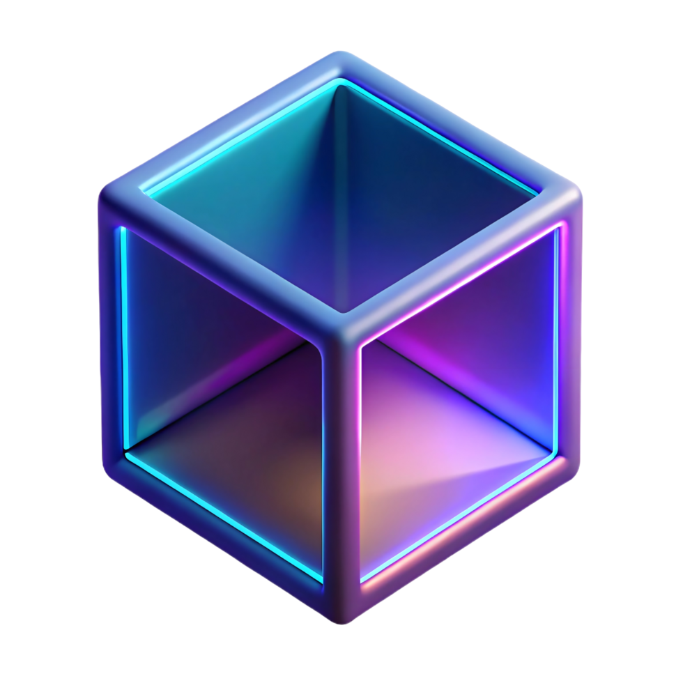 Neon Cube 3D Render A vibrant, futuristic cube with glowing neon edges, perfect for backgrounds, websites, presentations, and digital art projects png