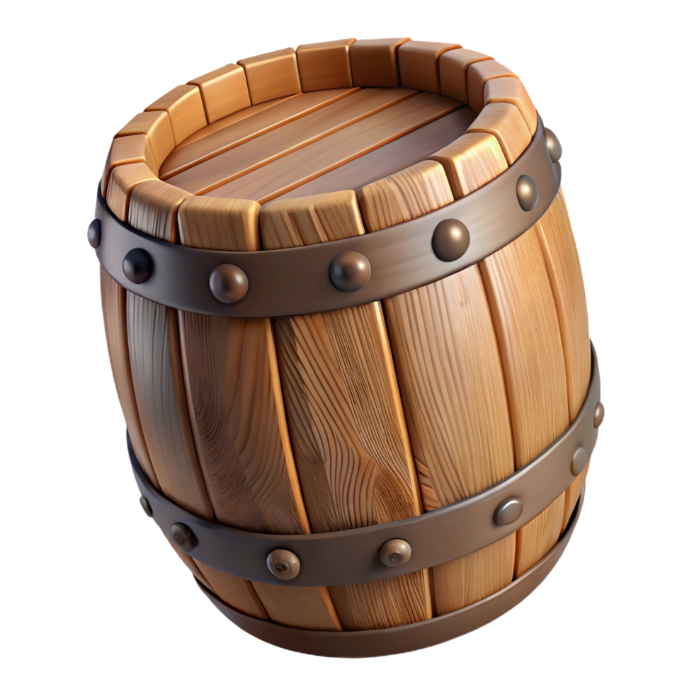 High Resolution 3D Render of a Wooden Barrel with Metal Bands Perfect for Game Assets, Website Design, and More png