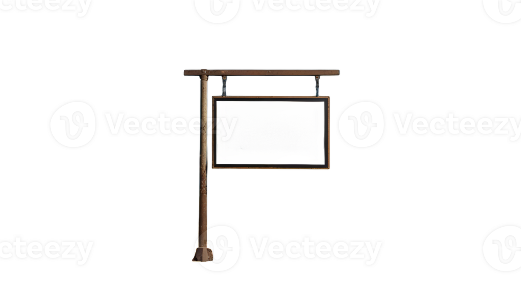 A rustic wooden sign with a blank white board, perfect for customization. It hangs from a pipe frame, ideal for shops or personal messages with a charming vintage feel. png