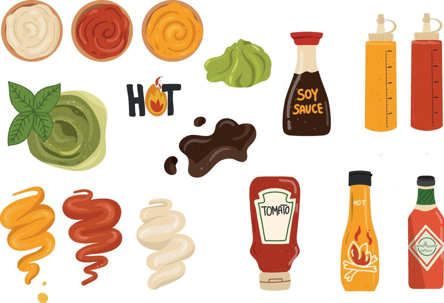 Bottles and bowls of sauces featuring a variety of options basil pesto vector