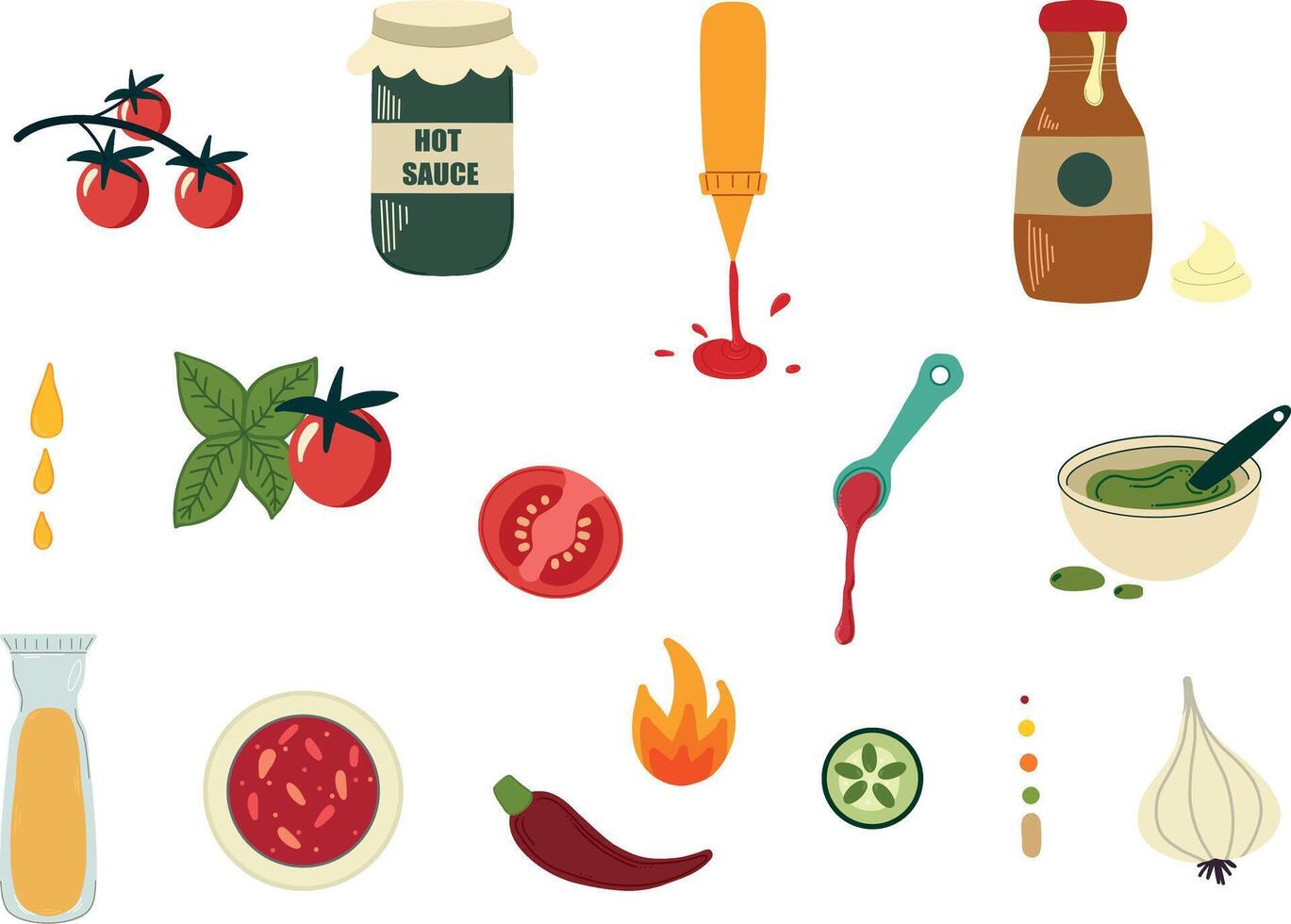 Set of sauces and dressings. Ketchup drops decent kit. Natural ingredients vector