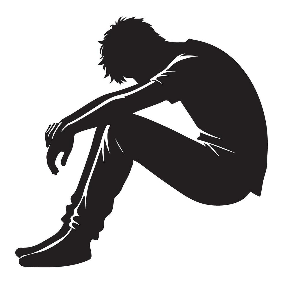 Silhouette of a Sad Young Man Sitting Illustration vector
