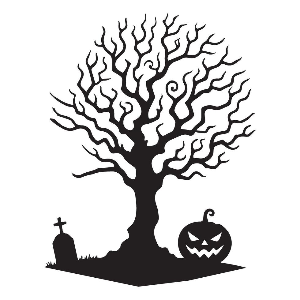 Spooky Halloween Silhouette Tree with Pumpkin and Tombstone vector