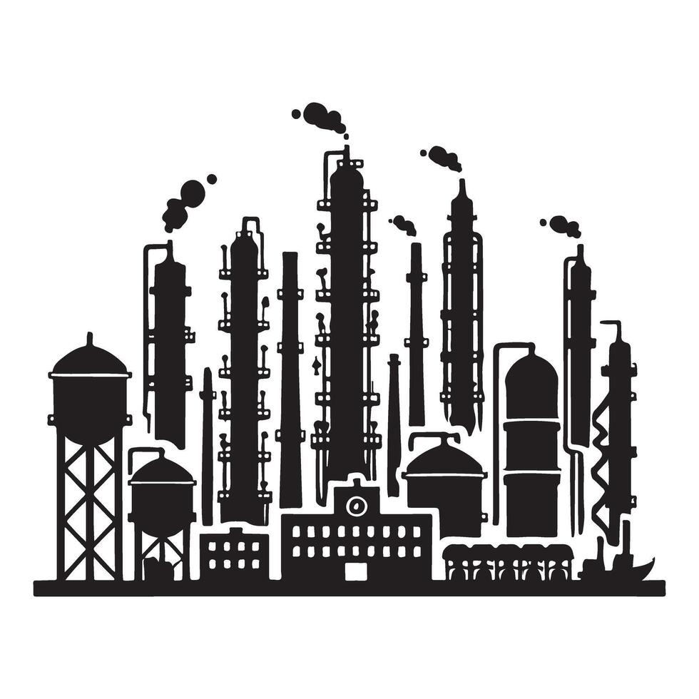 Detailed Black Silhouette Oil Refinery Illustration vector