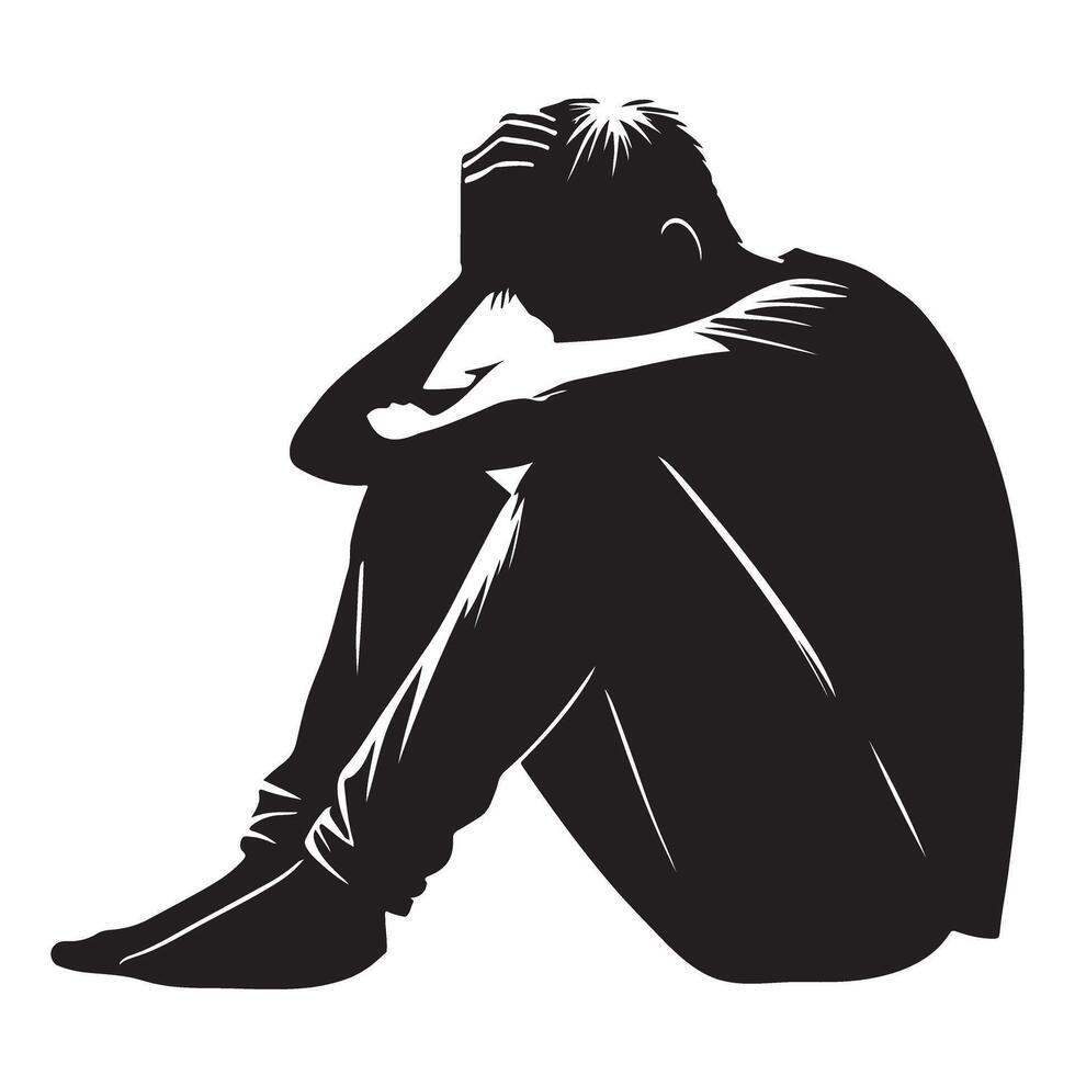 Silhouette illustration of a person sitting sadly with head in hands vector