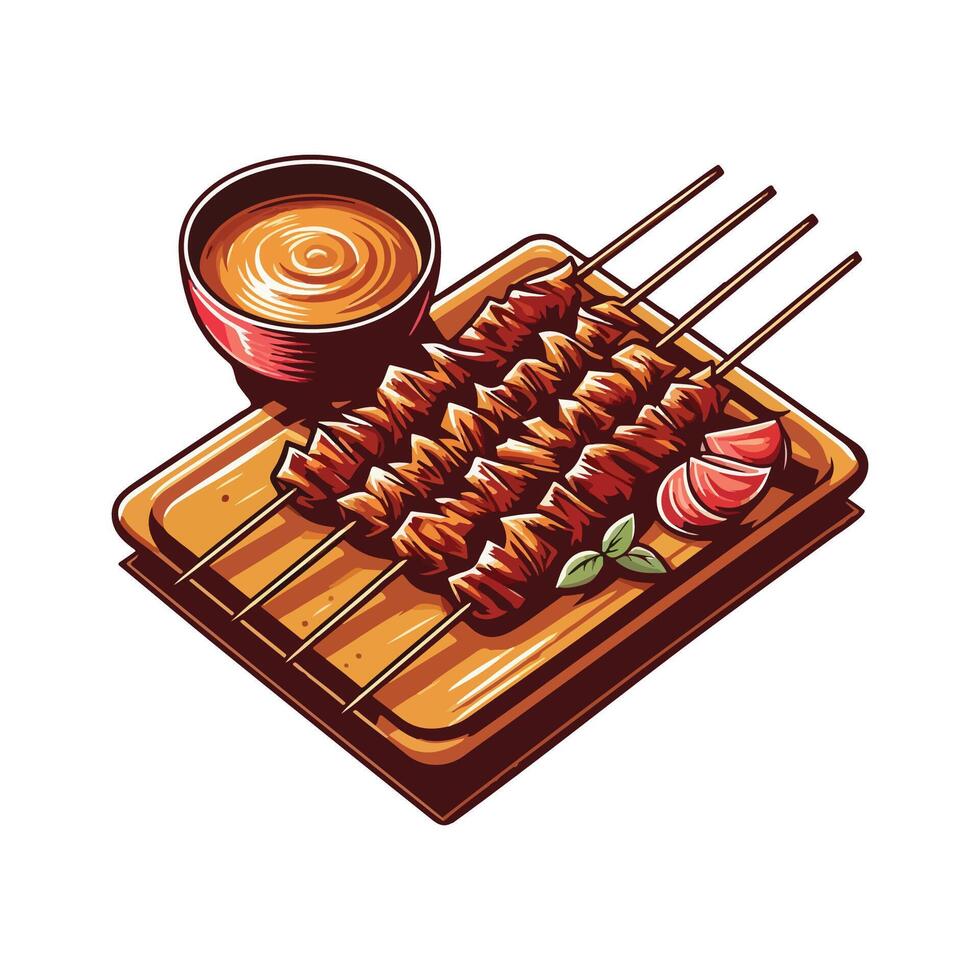 A skewered meat on a wooden tray with a cup of sauce vector