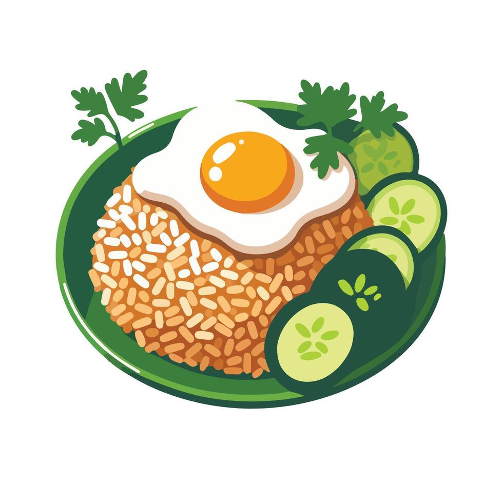 A plate with rice and an egg on it vector