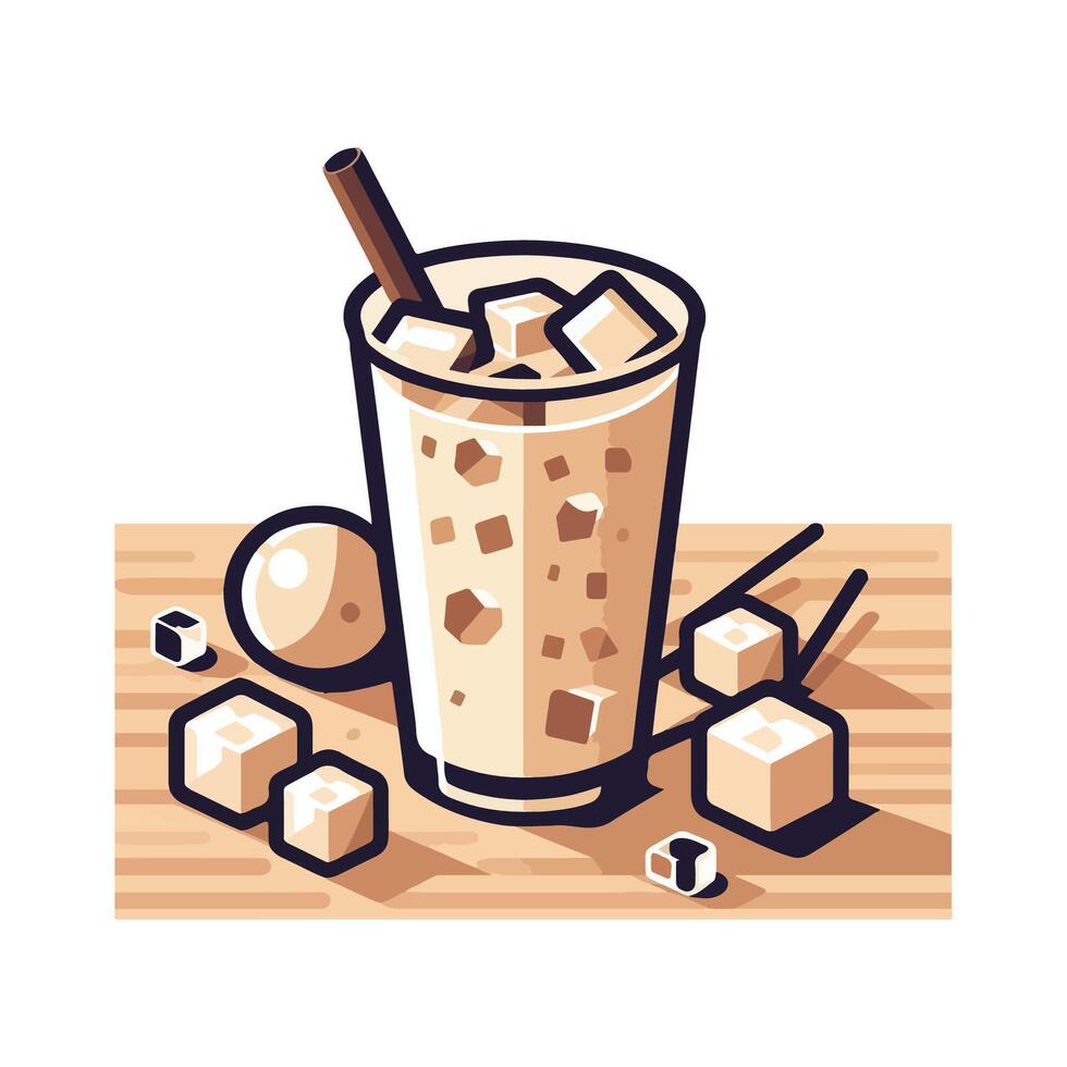 A glass of iced coffee with cubes and a stick vector