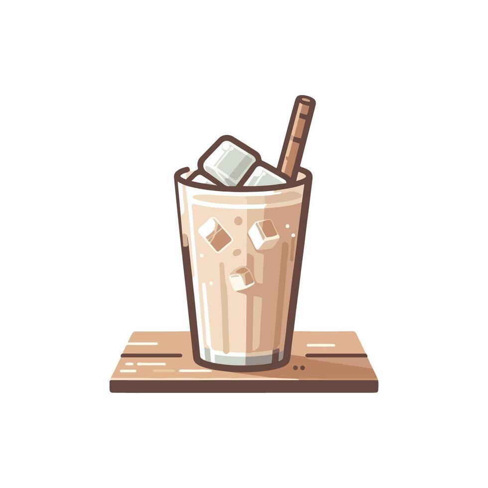 Ice cream drink with ice cubes and straw on a wooden tray vector