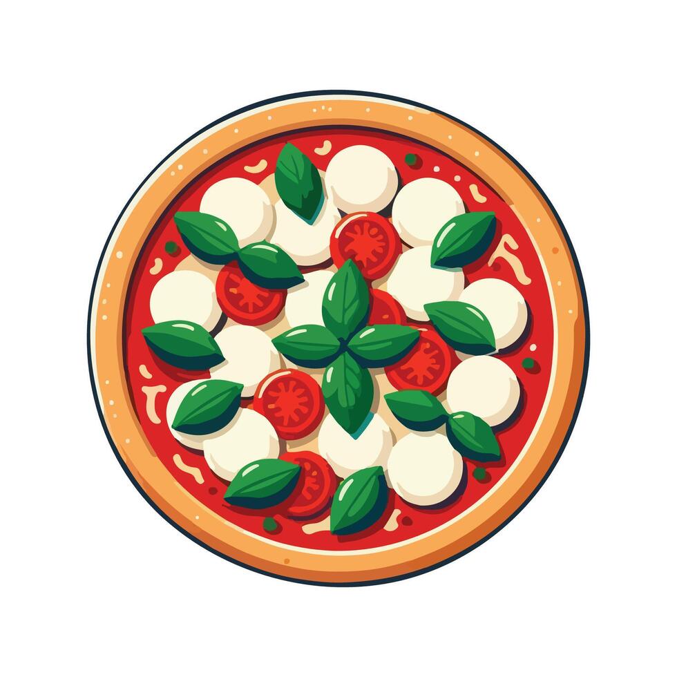 A pizza with cheese, tomatoes and basil leaves vector