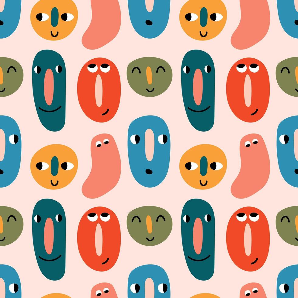 Colorful doodle face seamless pattern. Funny abstract faces on a light background. illustration for children, background, children's playground design, wrapping paper, fabric vector