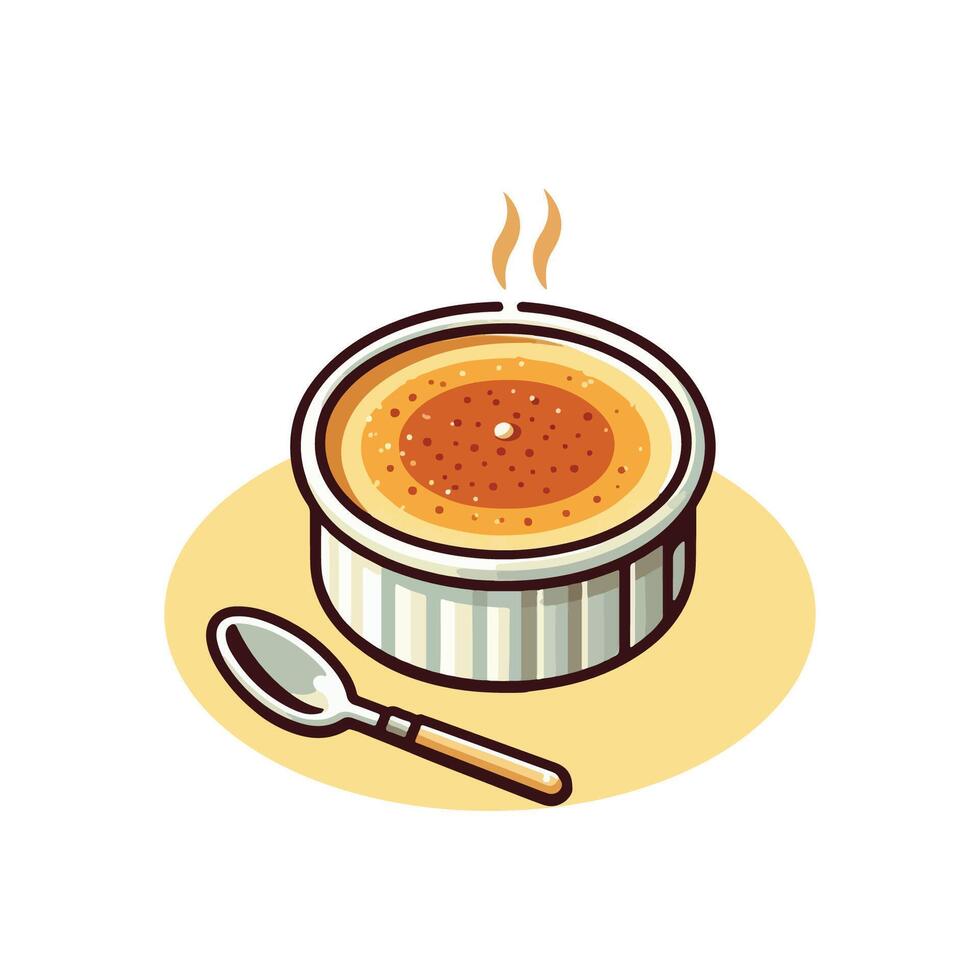 Chocolate creme brulee dessert in a bowl with spoon illustration vector